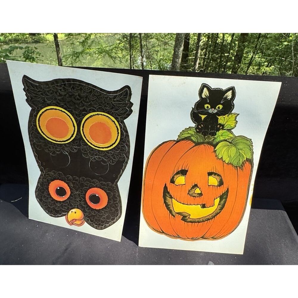 2 Vintage Halloween Masks Hallmark Paper Oscar Owl & Percy Pumpkin Unused!